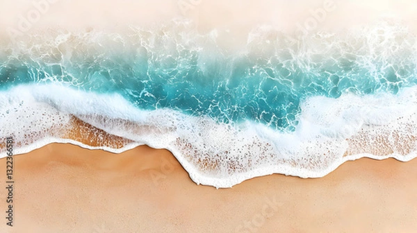 Fototapeta Tranquil Turquoise Ocean Waves Gently Rolling Onto The White Sandy Beach In A Serene Aerial View