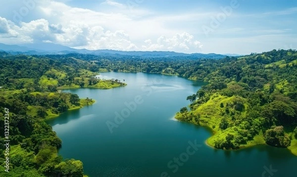 Fototapeta Aerial View of a Pristine Lake Surrounded by Lush Green Forest