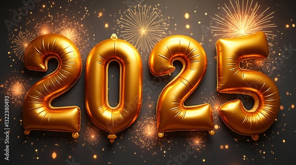 Obraz 2025 New Year's Celebration with Festive Balloons "A festive New Year's celebration with large gold balloons displaying the year 2025, surrounded by fireworks and excitement.
