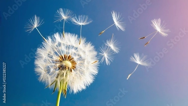 Fototapeta Dandelion seeds are flying against the background of the sunset sky. Floral botany of nature