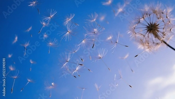 Fototapeta Dandelion seeds are flying against the background of the sunset sky. Floral botany of nature
