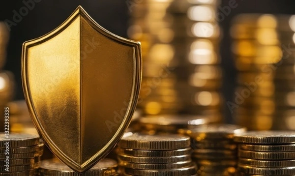 Fototapeta Golden Shield Symbolizing Financial Protection with Stacks of Coins in the Background, Representing Security, Wealth, and Investment Strategies for a Secure Future