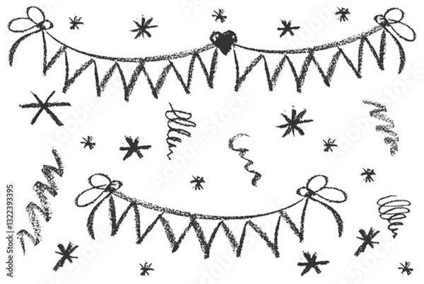 Obraz Collection of hand drawn charcoal doodle birthday party simbol shapes Childish girly style. Pencil drawings Black elements on white background. Vector illustration.