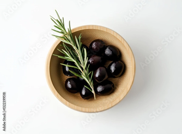 Obraz Black olives and rosemary in wooden bowl on white background. Product presentation still life flat lay.