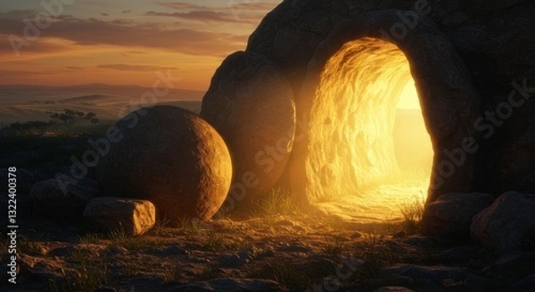 Obraz Stone tomb entrance with glowing light at sunrise representing resurrection hope and eternal life in Christian faith with rolling hills and nature scenery