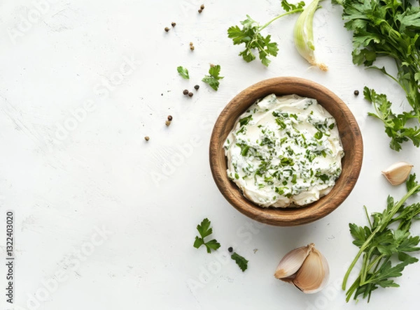 Obraz Sour cream sauce with finely chopped herbs and garlic in wooden bowl on white background. Product presentation flat lay scene.