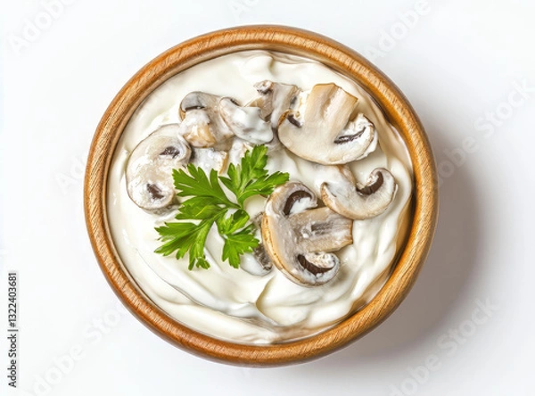 Obraz Sour cream with finely chopped mushrooms in wooden bowl on white background. Product flat lay scene.