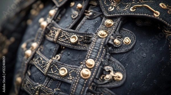 Obraz Close-up of black leather corset with gold accents