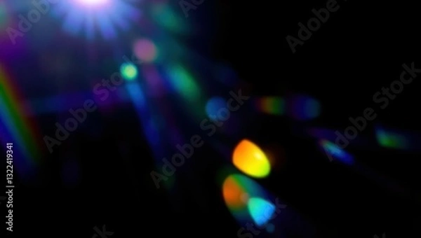 Fototapeta Blurred rainbow refraction overlay effect. Light lens prism effect on black background. Holographic reflection, crystal flare leak shadow overlay. Colorful rainbow disco ball light