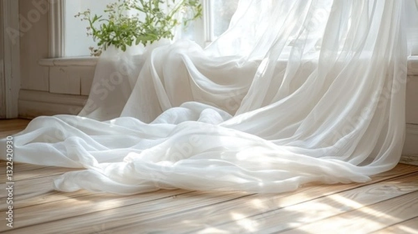 Fototapeta Sunny window view, white curtain blowing with flowers and bright, soft light