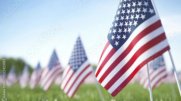Fototapeta Endless American flags in a lush open field under blue sky