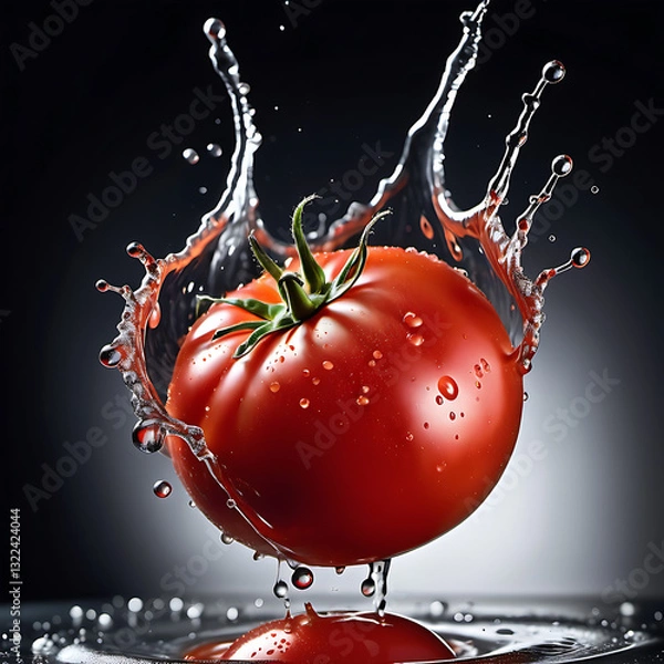 Fototapeta Fresh Red Tomato with Water Splash - High-Speed Photography
