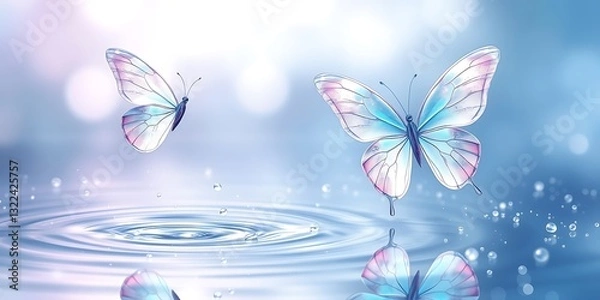Fototapeta Dreamy ethereal fantasy scene two translucent butterflies glowing pastel wings soft lavender sky blue pink. Wings delicate crystal glass reflecting light shimmering magical effect. One butterfly mid