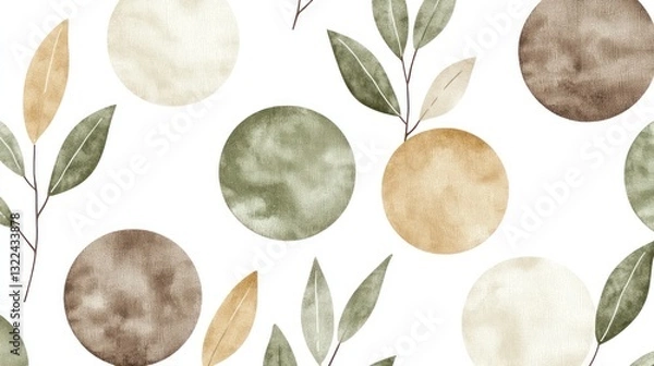 Fototapeta Watercolor leaves and circles form a seamless repeating pattern