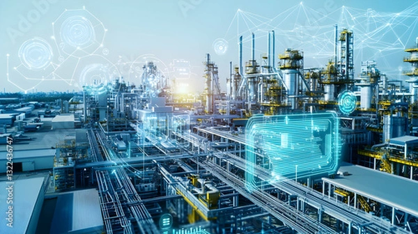 Fototapeta Modern Smart Factory with Automation and Data Visualization for Industrial Internet Of Things During Sunset