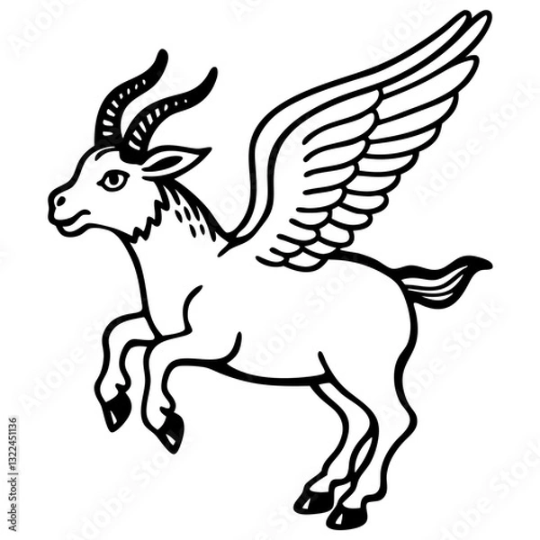 Fototapeta a black and white illustration of a mythical creature with the body of a goat and the wings of a bird, in a flying pose. The illustration is detailed.