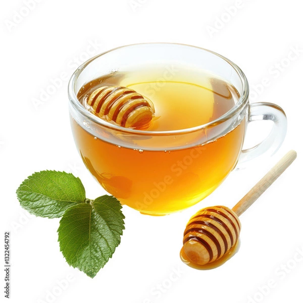 Fototapeta Warm honey in a clear cup with a drizzle stick and leaves isolated on a bright white background, Honey in a cup isolated on white background