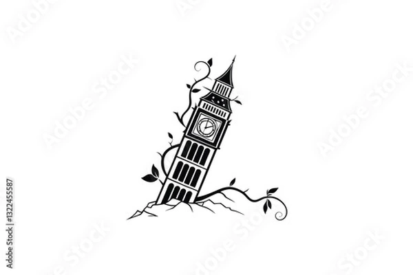 Fototapeta vector illustration of broken clock tower with a single vine curling around it