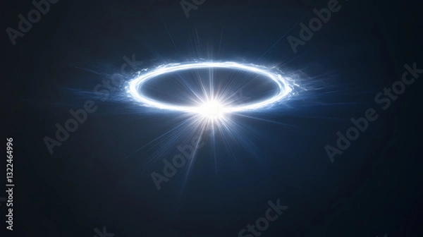 Obraz A brilliant white light shines from the middle of a dark backdrop, encircled by a luminous halo and emitting rays. Luminous Halo. Illustration