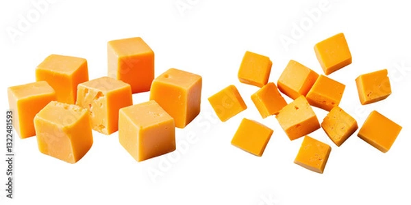 Fototapeta Cheddar cheese cubes in various sizes, perfect for snacking or cooking. Their vibrant orange color adds cheerful touch to any dish, making them delightful addition to cheese platters