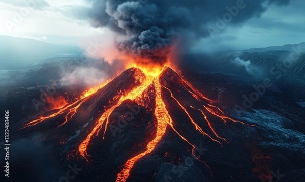 Fototapeta A volcano is erupting with lava and smoke
