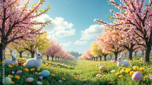 Fototapeta Vibrant Easter Scene in a Blooming Orchard with Colorful Fruit Trees and Festive Decorations for Marketing and Seasonal Promotions