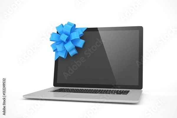 Obraz Laptop with blue bow and black screen. 3D rendering.