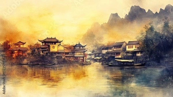 Obraz Traditional ink painting of a riverside village