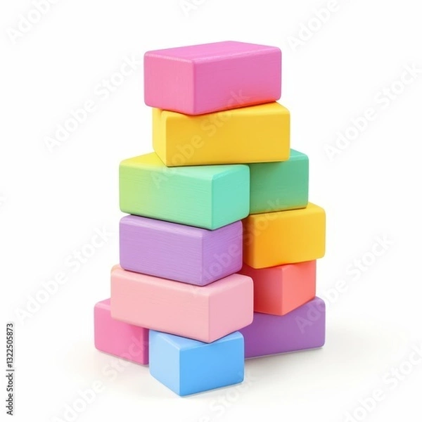Obraz Bright, pastelcolored building blocks stacked high, creating a fun and vibrant display of creativity on a clean white backdrop.