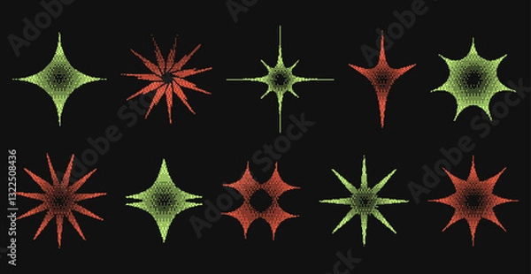 Fototapeta A collection of abstract bitmap star shapes. Metamodern, edgy, and futuristic elements perfect for posters, digital art, and trendy anti-design projects.