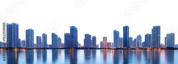 Fototapeta Miami skyline at dusk, illuminated buildings reflected in the water. Cityscape. Isolated on transparent background. PNG file