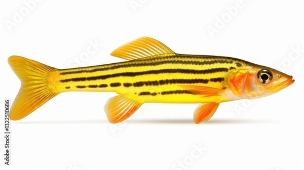 Fototapeta Bright, colorful zebrafish swimming gracefully against a pure white background, showcasing their stunning patterns and colors.