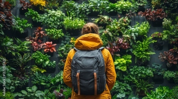 Fototapeta Person walking beside a lush vertical garden symbolizing green architecture and eco-friendly urban spaces