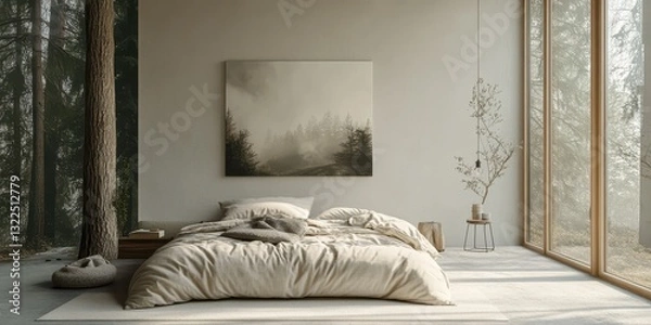 Fototapeta A cozy bedroom with forest views and calming natural tones