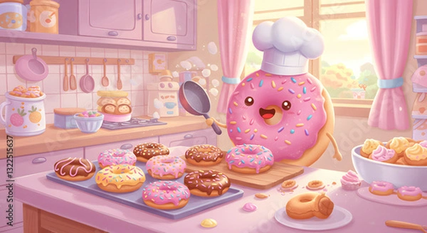 Obraz Cute Cartoon Donut Chef Baking in a Whimsical Pastry Kitchen