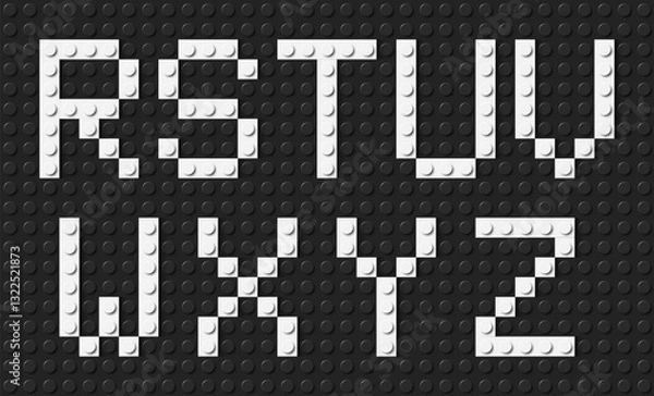 Fototapeta Letters of the alphabet composed of white plastic brick toy blocks on black building plate background. Building bricks font. Vector background illustration