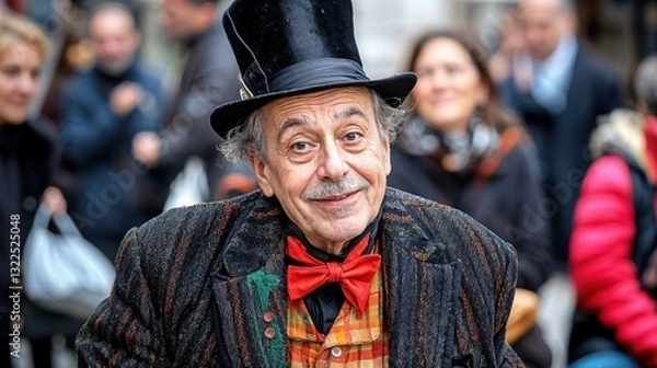 Obraz Cheerful performer in a top hat engages passersby with his entertaining antics, surrounded by a diverse crowd enjoying the atmosphere of a lively city setting.