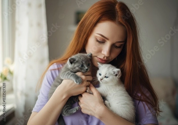 Fototapeta Young woman embraces two cute kittens in a cozy home setting