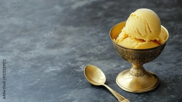 Fototapeta A creamy mango saffron ice cream served in a luxury-designed round golden cup.
