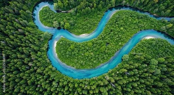 Fototapeta Aerial view of serpentine river flowing through lush green forest