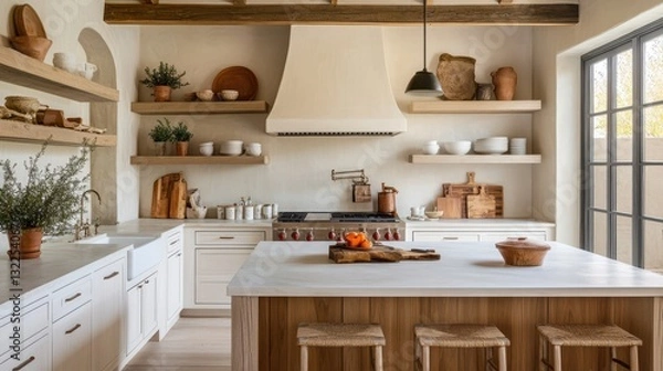 Fototapeta A stylish and modern kitchen interior with warm and neutral tones
