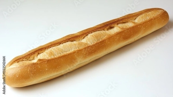 Fototapeta Freshly baked baguette with golden crust on a white surface emphasizing its artisanal qualities and inviting appeal