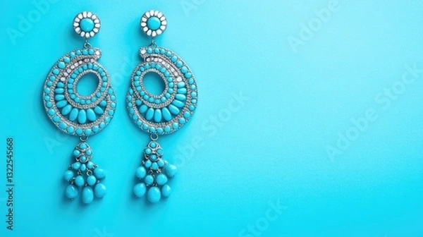 Fototapeta A pair of dangling turquoise earrings displayed against a light aqua background