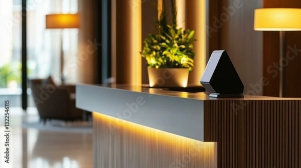 Fototapeta  Modern hotel reception desk with digital device and warm ambient lighting for elegant hospitality mockup