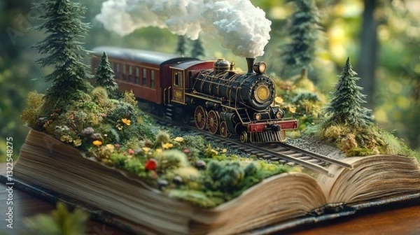 Fototapeta Whimsical scene of a miniature train traveling across a storybook landscape, blending nature and imagination in a unique diorama.