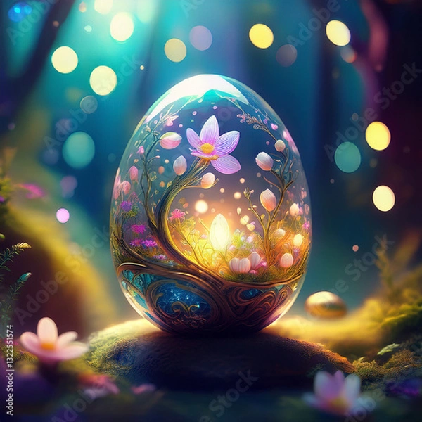 Fototapeta Enchanted Easter egg with glowing flowers and magical light inside, set in a dreamy, mystical forest with bokeh effects.