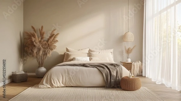 Obraz A serene and beautifully decorated bedroom with neutral color tones