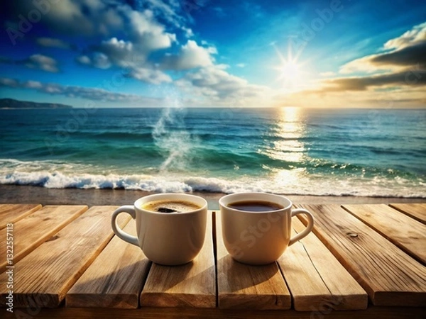 Fototapeta Coastal Coffee Break: Two Cups of Coffee on Table Overlooking Ocean