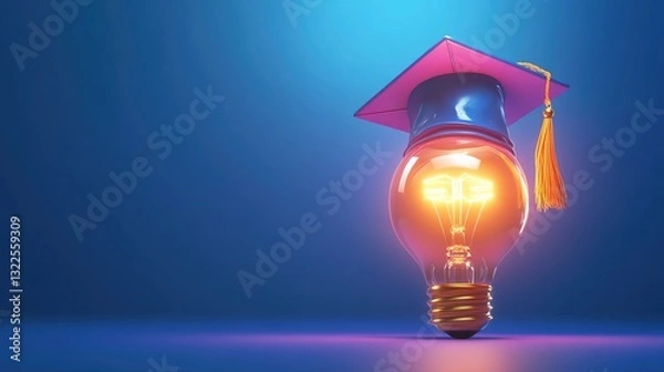 Fototapeta A conceptual educational image displaying a glowing light bulb with a graduation cap on a clean blue backdrop.