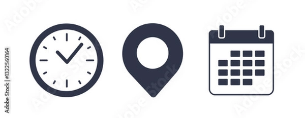 Obraz Time, date and address icon set. Travel concept or booking. Calendar, clock, location. Editable vector. Filled vector